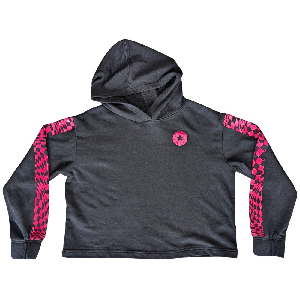 Converse Emo Girls XL Age 13-15 Black Hoodie Pullover Cropped Pink Checkered Top